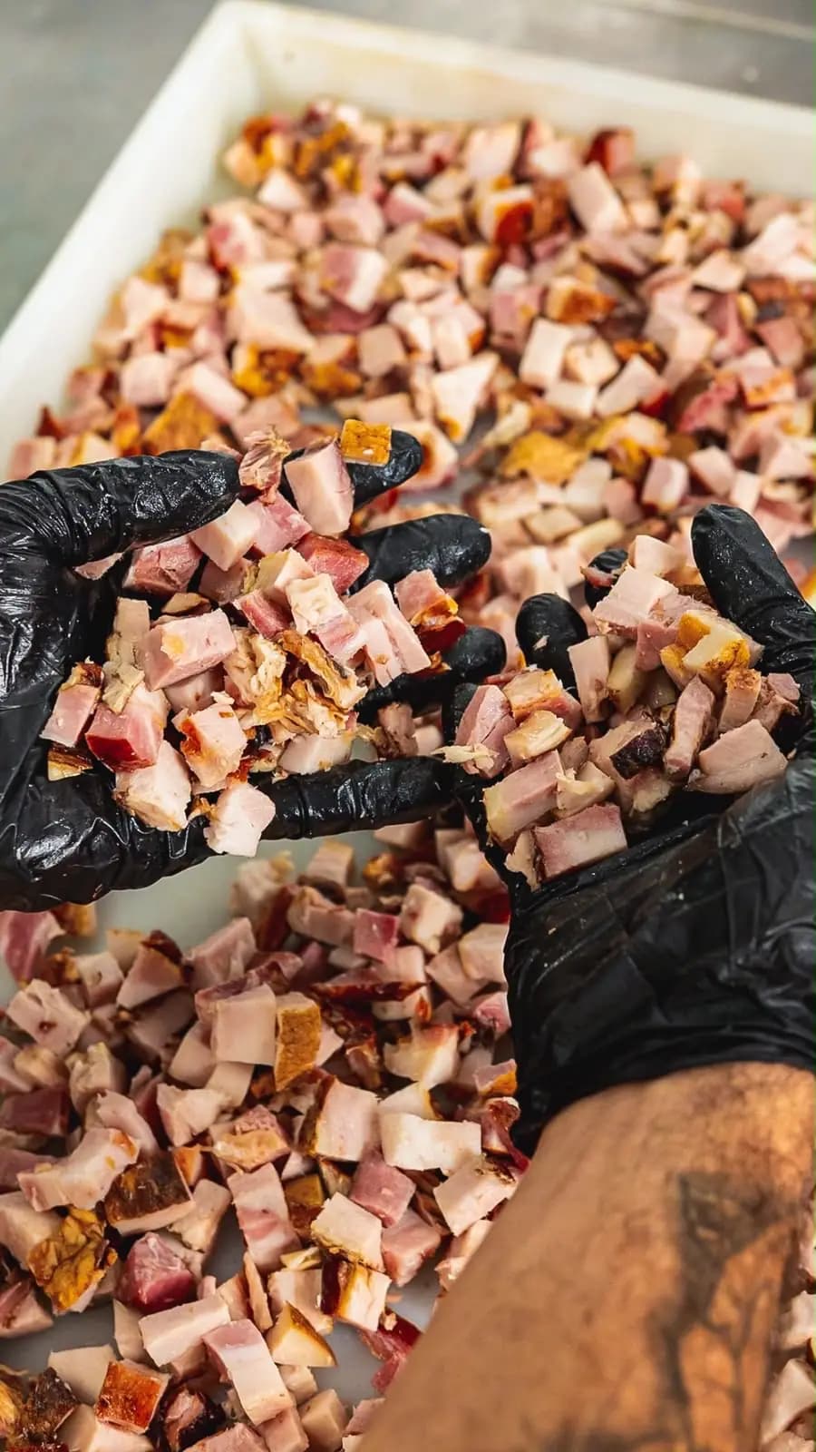 Cubos de carne defumada apresentados pela equipe da Distribuidora RR